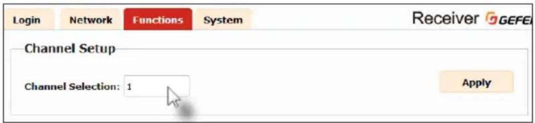 Login Network Functions System Receiver GGEFEI Channel Setup Channel Selection: 1 Apply