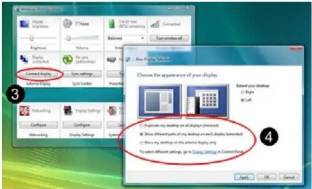 Windows Mobile Settings Display Brightness Make 1 to 2F Class (80% networking) Connected Turn wireless off Brightness Volume Display connected No spin pathosets External Display Sync settings Sync Center New Display Selection Choose the appearance of your display Exclude your desktop: Right Left Networking Display Settings Configure Configure Networking Display Settings System Duplicate my desktop on all Displays (modified) Show different parts of my desktop on each display (extended) Show my desktop on the external display only. To select different settings, go to Connection Settings in Control Panel Apply OK Cancel