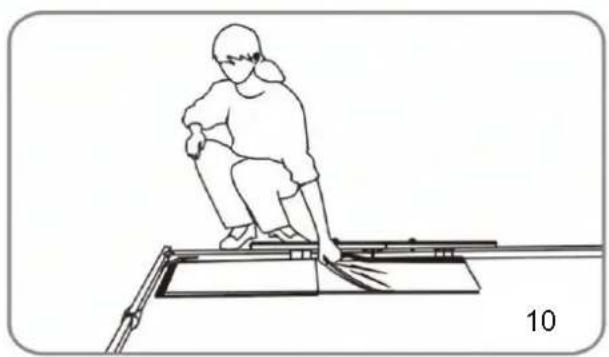 Line drawing of a person sitting on a bench with a tool, no text or symbols present