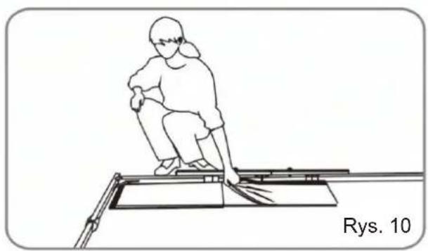 Line drawing of a person sitting on a bench with a tool, labeled 'Rys. 10' (no other text or symbols)