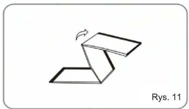 Diagram of a folded paper structure with an arrow indicating rotation, labeled 'Rys. 11' (no text or symbols on the diagram itself)