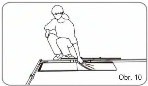 Line drawing of a person sitting on a bench with a tool, labeled 'Obr. 10' (no other text or symbols)