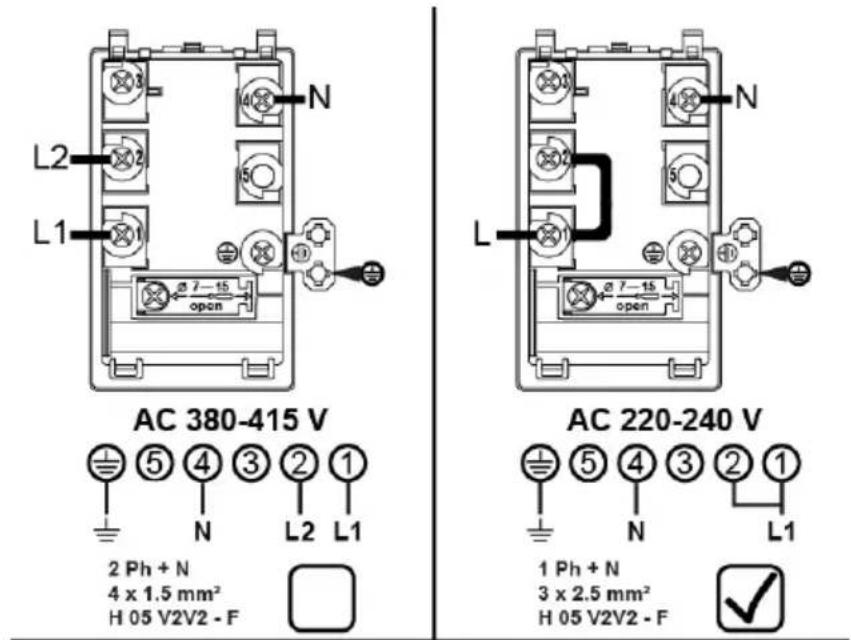 L2 L1 N AC 380-415 V ⑤ ④ ③ ② ① N L2 L1 2 Ph + N 4 x 1.5 mm² H 05 V2V2 - F AC 220-240 V ⑤ ④ ③ ② ① N L1 1 Ph + N 3 x 2.5 mm² H 05 V2V2 - F ✓