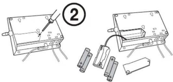 Diagram showing two electrical components with a pencil inserted, alongside battery and resistor arrangements, labeled with number 2.