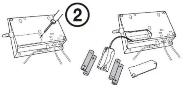 Diagram showing two electrical components with labeled parts: one with a screwdriver and battery, the other with batteries and batteries connected to a battery.