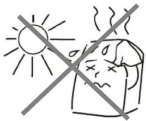Safety warning symbol showing sun and face with crossed lines indicating no protection