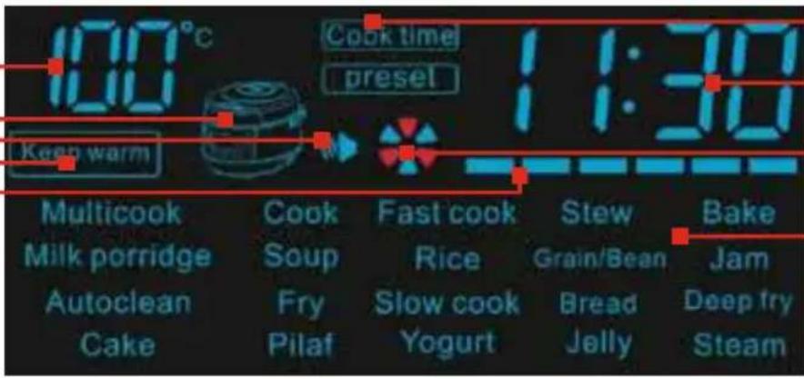 100°C Cook timej preset 11:30 Keep warm Multicook Milk porridge Autoclean Cake Cook Soup Fry Pilaf Fast cook Rice Slow cook Yogurt Stew Grain/Bean Bread Jelly Bake Jam Deep fry Steam