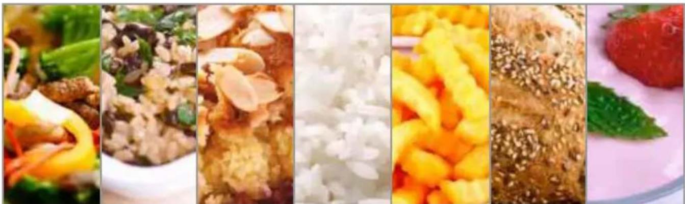 Collage of seven food and drink items including rice, garlic, bamboo shoots, mango beans, sesame seeds, and a strawberry on a plate (no text or symbols visible)