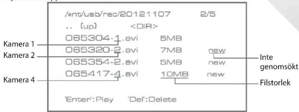 /int/usb/rec/20121107 2/5 .. (up) 065304-1.avi 5MB 065320-2.avi 7MB new 065354-2.avi 5MB new 065417-4.avi 10MB new Kamera 1 Inte genomsökt Kamera 2 Kamera 4 Filstorlek 'Enter':Play 'Del':Delete
