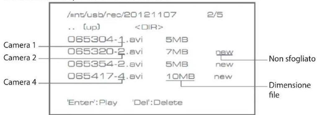 /mnt/usb/rec/20121107 2/5 .. [up] 065304-1.avi 5MB 065320-2.avi 7MB new 065354-2.avi 5MB new 065417-4.avi 10MB new Camera 1 Non sfogliato Camera 2 Camera 4 Dimensione file 'Enter':Play 'Del':Delete