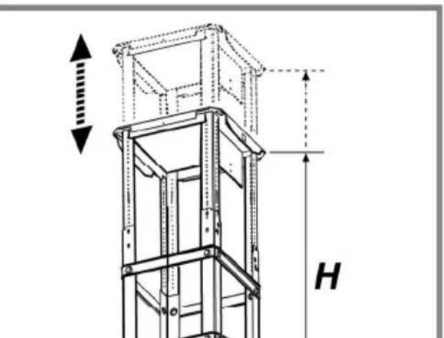 Technical diagram of a vertical structural frame with dimension labels H and directional arrows indicating height or displacement.