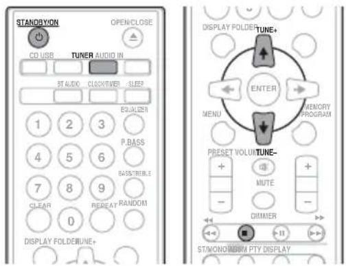 STANDBYON OPEN/CLOSE CD USB TUNER AUDIO IN ST AUDIO CLOCKTIME SLEEP EQUALizer 1 2 3 P.BASS 4 5 6 BASSTIBLE 7 8 9 CLEAR 0 REPEAT RANDOM DISPLAY FOLDE/MUNE+ DISPLAY FOLDE/TUNE+ ENTER MENU MEMORY PROGRAM PRESET VOLUME/TUNE- MUTE DIMMER ST/ONO/BWM PTY DISPLAY