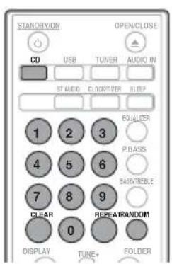 STANDBYON OPEN/CLOSE CD USB TUNER AUDIO IN ST AUDIO CLOCK/VER SLEEP 1 2 3 EQUILER 4 5 6 P.BASS 7 8 9 BASIK/TREBLE CLEAR 0 REPEAIRANDOM DISPLAY TURIE+ FOLDER
