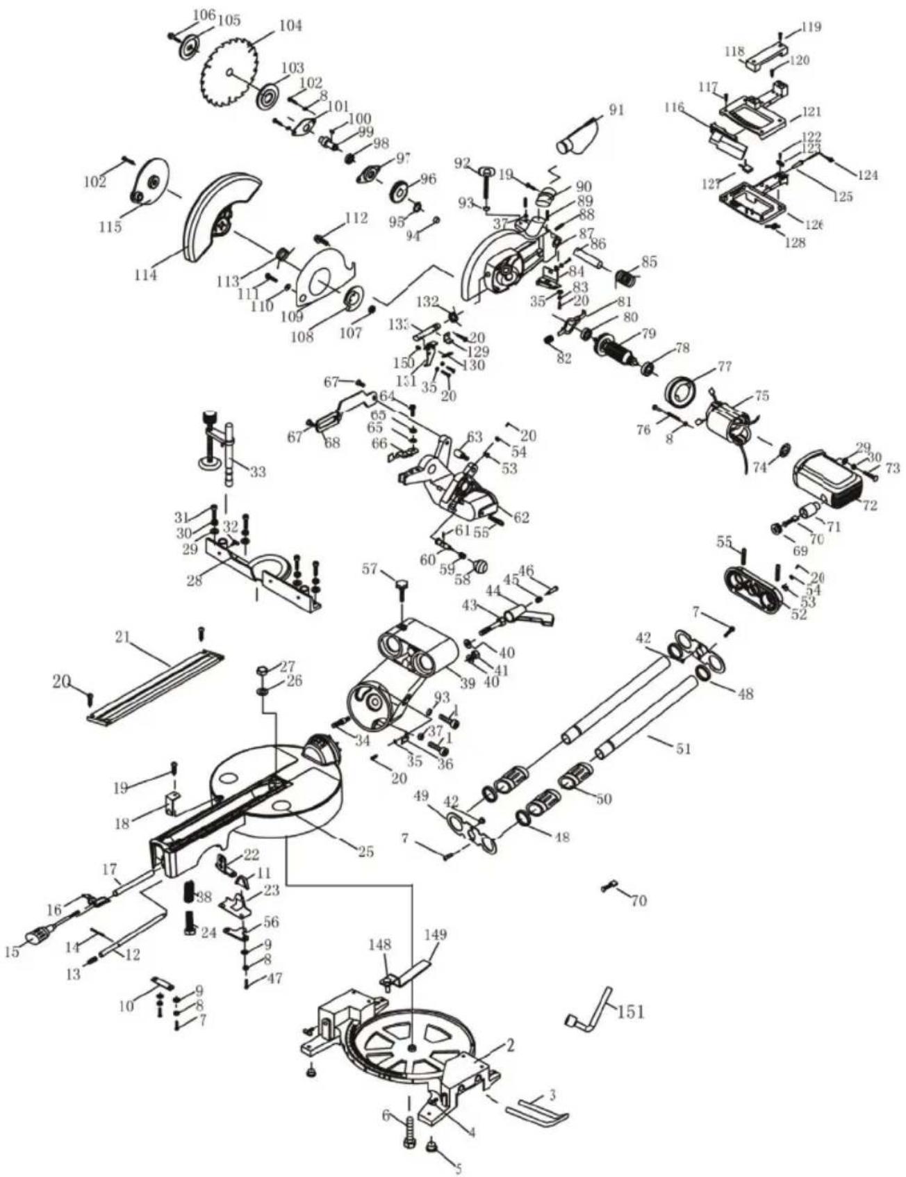 Exploded view diagram of a mechanical assembly with numbered components and exploded views