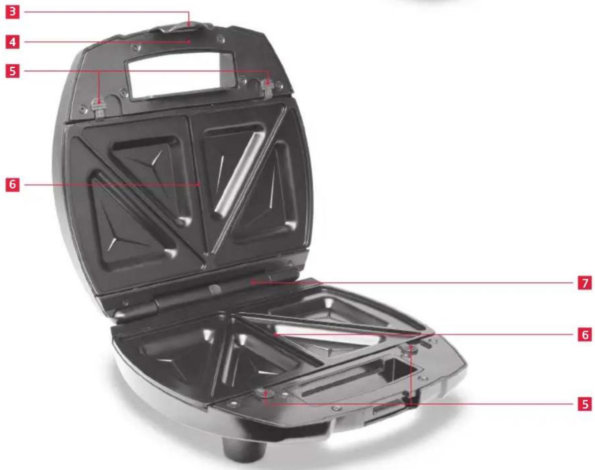 Labeled diagram of a black electric food grating box with numbered parts for identification