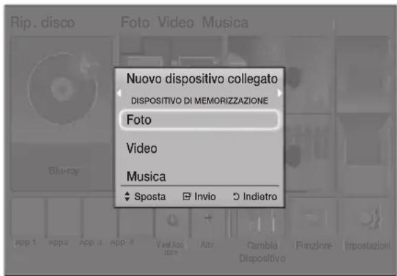 Rip. disco Foto Video Musica Nuovo dispositivo collegato DISPOSITIVO DI MEMORIZZAZIONE Foto Video Musica ◆ Sposta ◀ Invio ◀ Indietro app 1 App 2 App 3 App 4 Veral Azo store Altr Cambia Dispositivo Funzione Impostazioni