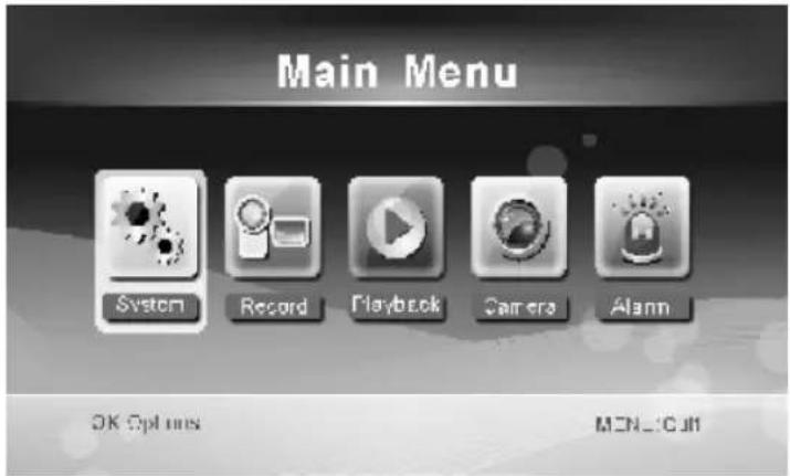 Main Menu System Record Playback Camera Alarm OK Options MENU.COM