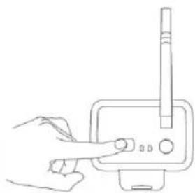 Line drawing of a hand holding a pen and a small electronic device with a screen (no text or symbols)