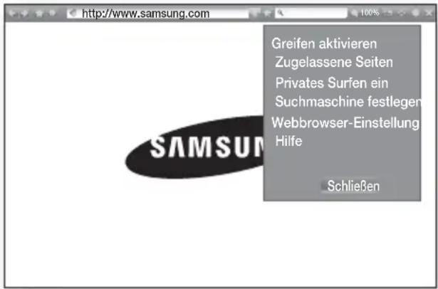 http://www.samsung.com Greifen aktivieren Zugelassene Seiten Privates Surfen ein Suchmaschine festlegen Webbrowser-Einstellung Hilfe Schließen