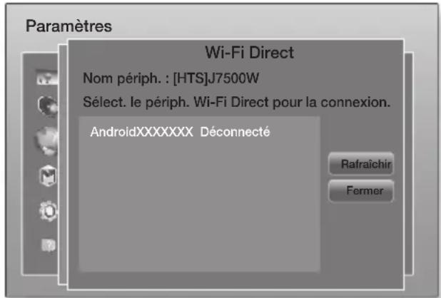 Paramètres Wi-Fi Direct Nom périph. : [HTS]J7500W Sélect. le périph. Wi-Fi Direct pour la connexion. AndroidXXXXXXXX Déconnecté Rafraîchir Former