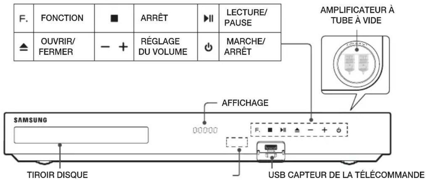 F. FONCTION ■ ARRÊT ► II LECTURE/ PAUSE ▲ OUVRIR/ FERMER - + RÉGLAGE DU VOLUME ● MARCHE/ ARRÊT AMPLIFICATEUR À TUBE À VIDE SAMSUNG 00:00:00 TIROIR DISQUE AFFICHAGE F. ■ ► II ▲ - + ● USB CAPTEUR DE LA TÉLÉCOMMANDE