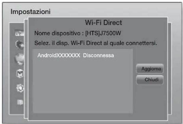 Impostazioni Wi-Fi Direct Nome dispositivo : [HTS]J7500W Selez. il disp. Wi-Fi Direct al quale connettersi. AndroidXXXXXXXX Disconnessa Aggioma Chiudi