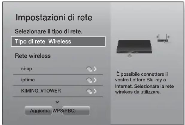 Impostazioni di rete Selezionare il tipo di rete. Tipo di rete Wireless Rete wireless si-ap iptime KIMING_VTOWER Aggioma WPS(PBC) È possibile connettere il vostro Lettore Blu-ray a Internet. Selezionare la rete wireless da utilizzare.