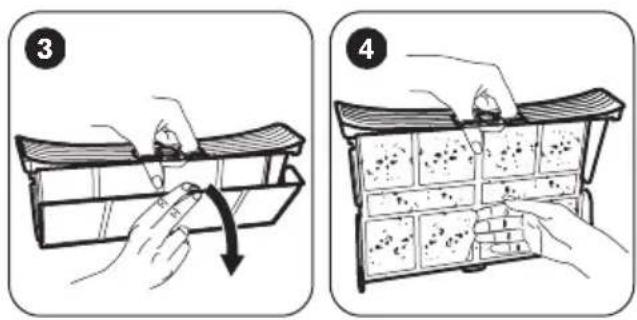 Illustration showing two steps of fabric handling: step 3 is moving down a small object, step 4 is handling a grid with dots and fragments.