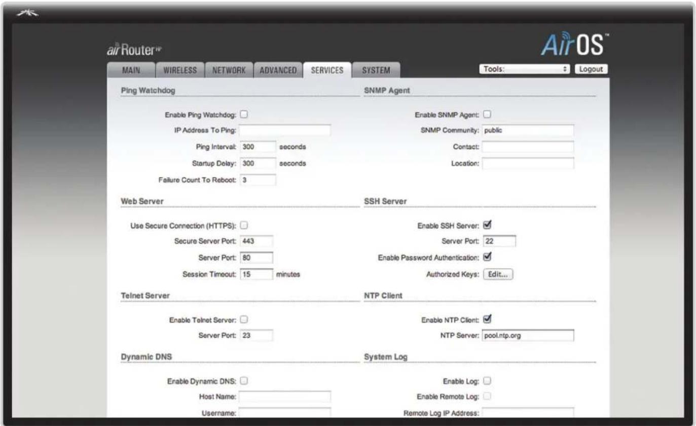 air Router MAIN WIRELESS NETWORK ADVANCED SERVICES SYSTEM Tools: + Logout Ping Watchdog SNMP Agent Enable Ping Watchdog: IP Address To Ping: Ping Interval: 300 seconds Startup Delay: 300 seconds Failure Count To Reboot: 3 Enable SNMP Agent: SNMP Community: public Contact: Location: Web Server SSH Se…