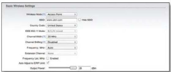 Basic Wireless Settings Wireless Mode (T): Access Point SGD: www.ubt.com Hua SSGD Country Code: United States IEEE 302.11 Mode: 8/5/76 mixed Channel Width (T): 20 MHz Channel Shifting (T): Disabled Frequency, MHz: Auto Extension Channel: None Frequency Lat, MHz: Enabled Auto Adjust to ERP Unit: Outp…