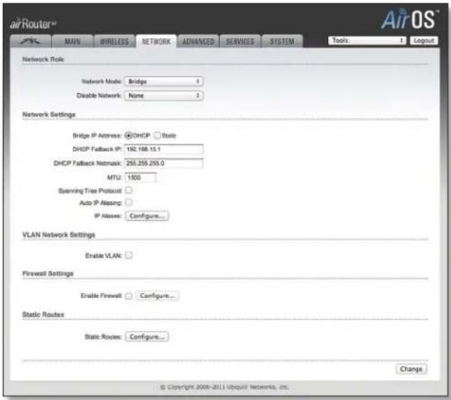 Air Router MAIN WIRELESS NETWORK ADVANCED SERVICES SYSTEM Tools: 1 Logout AirOS® Network Role Network Mode: Bridge 8 Disable Network: Name 3 Network Settings Bridge IP Address: DHCP static DHCP Fallback IP: 192.168.10.1 DHCP Fallback Netmask: 255.255.255.0 MTU: 1000 Steaming Tree Protocol Auto IP Al…