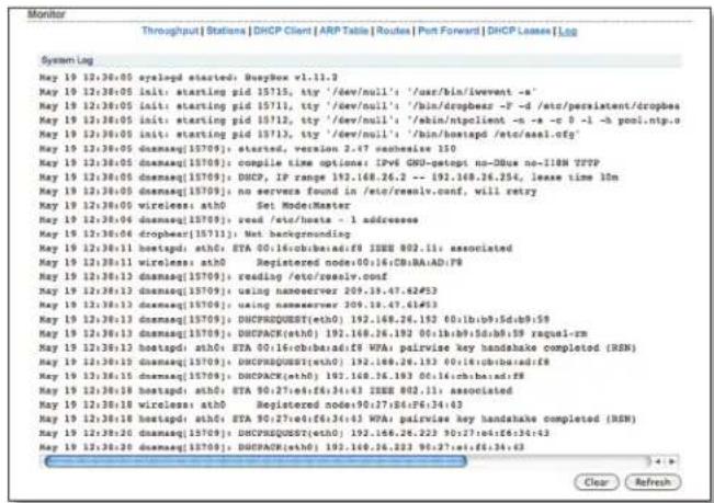 Monitor Throughput | Stations | DHCP Client | ARP Table | Routes | Port Forward | DHCP Leases | Log System Log May 12:30:05 xplapd started: BusyBox v1.11.3 May 12:30:05 init: starting pid 15715, tty /dev/null': '/usr/bin/iewent -s' May 12:30:05 init: starting pid 15711, tty /dev/null': '/bin/dropbea…