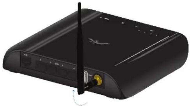 Black wireless router with antenna and cable connector (no visible text or symbols)
