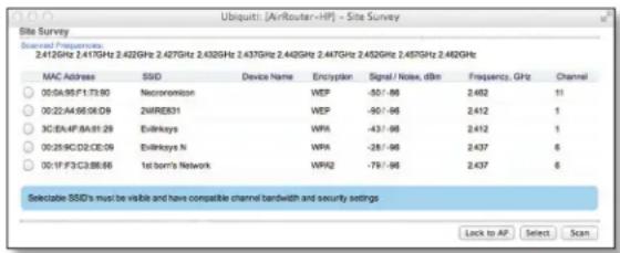 Ubiquit: [AirRouter-HP] - Site Survey Site Survey Scored Frequencies: 2.412GHz 2.417GHz 2.422GHz 2.427GHz 2.432GHz 2.437GHz 2.442GHz 2.447GHz 2.452GHz 2.457GHz 2.462GHz MAC Address: SSD Device Name Encryption Signal / Noise, dbm Frequency, GHz Channel 00:0A:95:F1:73:00 Necronomizon WEP -50/-96 2.482…