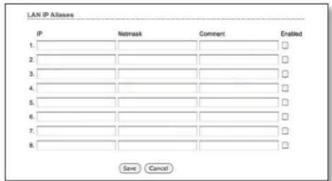 LAN IP Allases IP Netmask Comment Enabled 1. 2. 3. 4. 5. 6. 7. 8. Save Cancel