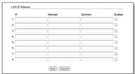 LAN IP Allases IP Netmask Comment Enabled 1. 2. 3. 4. 5. 6. 7. 8. Save Cancel