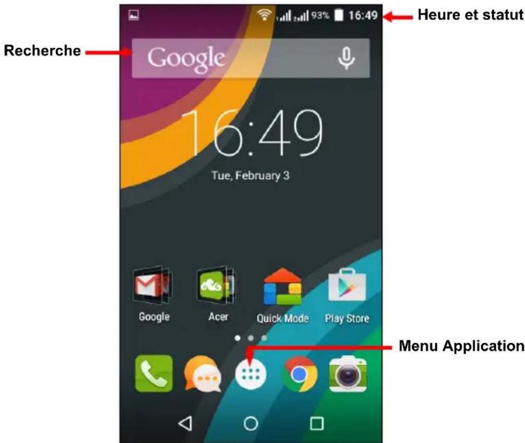Recherche Google 16:49 Tue, February 3 Heure et statut Menu Application