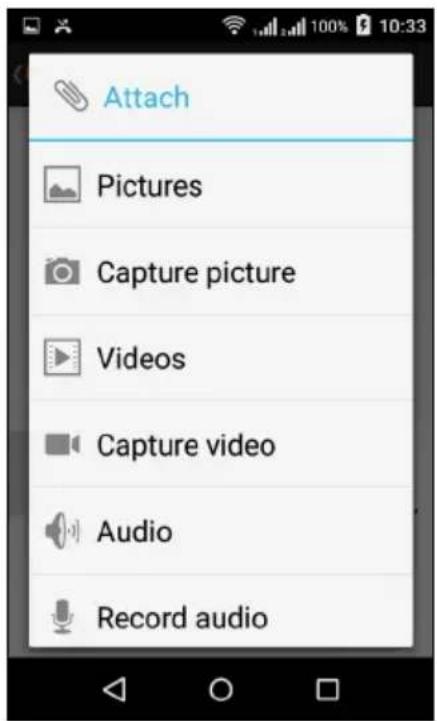 Attach Pictures Capture picture Videos Capture video Audio Record audio
