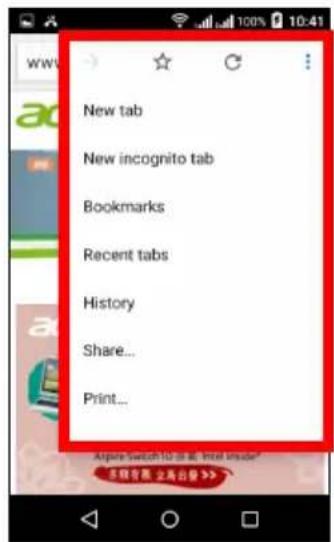 New tab New incognito tab Bookmarks Recent tabs History Share... Print...