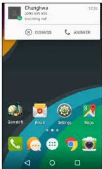 Chunghwa 09:00 9:00 9:00 Incoming call DISMISS ANSWER Gameloft Email Settings Maps