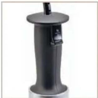 Close-up of a black cylindrical device with a handle and lid, possibly a filter or pump (no visible text or symbols)