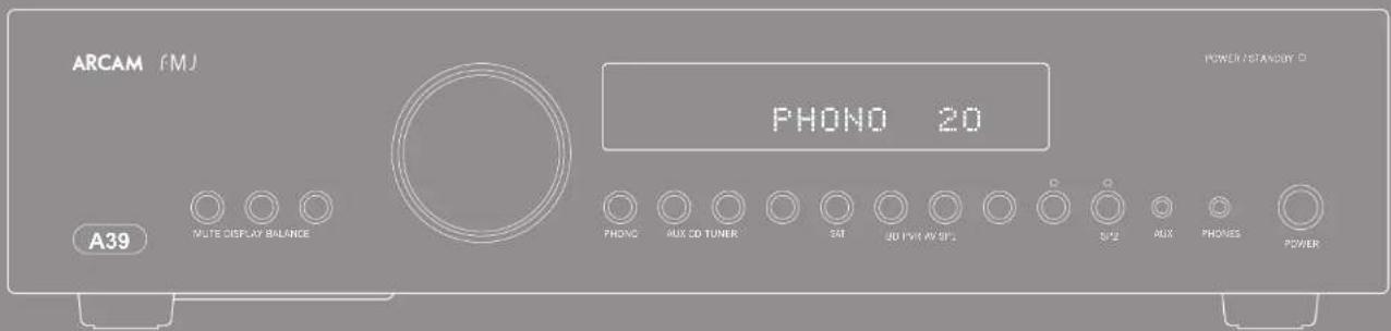 ARCAM FMJ PHONO 20 POWER/STANDOY □ A39 MUTE DISPLAY BALANCE PHONO AUX CD TUNER SAT JU PWR AW SP3 S/P2 AUX PHONES POWER