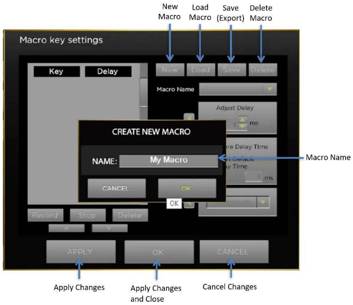 New Macro Load Macro Save (Export) Delete Macro Macro key settings Key Delay NewLoad Save Delete Macro Name Adjust Delay 1 ms CREATE NEW MACRO Name: My Macro OK Record Stop Delete Apply Changes OK CANCEL Apply Changes and Close Cancel Changes