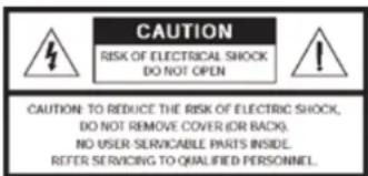CAUTION RISK OF ELECTRICAL SHOCK DO NOT OPEN CAUTION: TO REDUCE THE RISK OF ELECTRIC SHOCK, DO NOT REMOVE COVER (OR BACK). NO USER SERVICABLE PARTS INSIDE. REFER SERVICING TO QUALIFIED PERSONNEL.