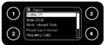 1 2 3 4 Alarms Enable: Off Time: 00:00 Mode: Internal Radio Prestal Load Listened Frequency: Daily