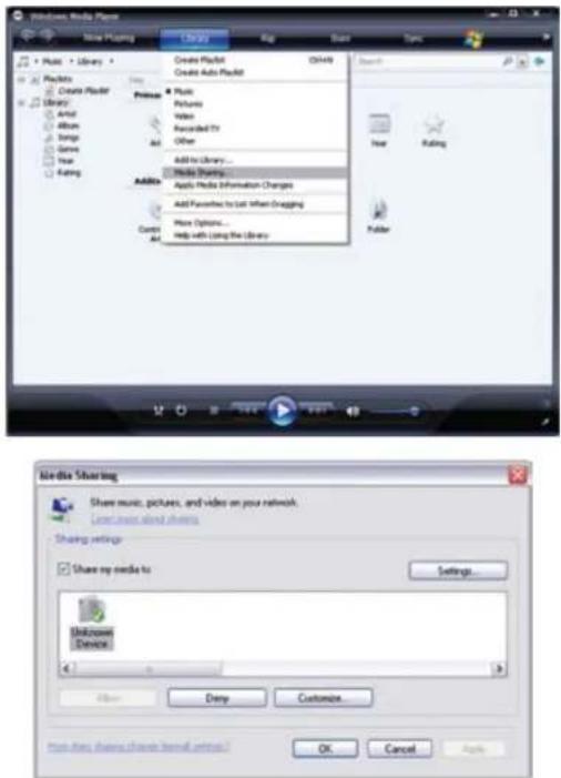 Windows Media Player Movie Playing CHINA Copy Save Options Music Library Create Playlist Create Auto Playlist Music Pictures Video Recorded TV Other Add to library... Radio Shares... Add Pictures Information Changes Add Favorites to List When Dragging More Options... Help with Using the Library... Share Music, pictures, and video on your network. Last user blind shares Sharing settings Share my media to Settings... Unknown Device: Show Deny Customize... OK Cancel Apply