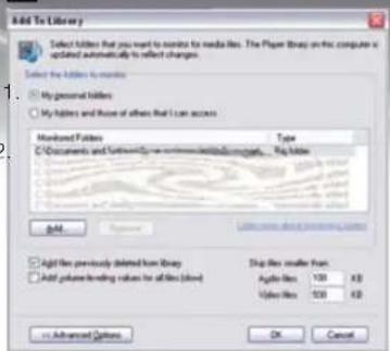 Add To Library Select folders that you want to locate for media files. The Player Group on the computer is updated automatically to reflect changes. Select the folders to locate My personal folders My folders and those of others that I can access Named Folders Type Documents and Settings: where this is currently available. File type Add Remove Open Cancel Add files previously deleted from library Add portfolio binding values for all files (close) Drop files smaller than: Agable files 100 KB Value files 100 KB Advanced Options OK Cancel