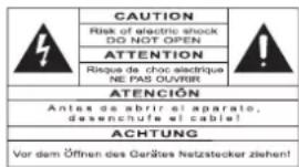 CAUTION Risk of electric shock DO NOT OPEN ATTENTION Risque de choc électrique NE PAS OUvrir ATENCIÓN Antes de abrir el aparato, desenchufe el cable! ACHTUNG Vor dem Öffnen des Garães Netzstecker ziehen!
