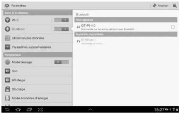 Paramètres Sans V et révouss Wi-Fi Bluetooth Utilisation des données Paramètres supplémentaires Personêque Mode blocage Son Affichage Stackage Mode économie d'énergie Bluetooth: Non appavel QT-PS110 Non visée sur les autres périphiques Studium Apparels dispositives STREAM 1 Sommages en ports... Anal…