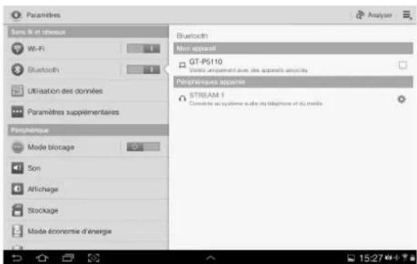 Paramètres Sans d' et rénnoaux Wi-Fi Bluetooth Utilisation des données Paramètres supplémentaires Pérométrie Mode blocage Son Affichage Stackage Mode économie d'énergie Bluetooth Main apparaël GT-P5110 Utilis amplement avec des apparels associés Péromériques apparaël STRESAM 1 Connecte si système au…
